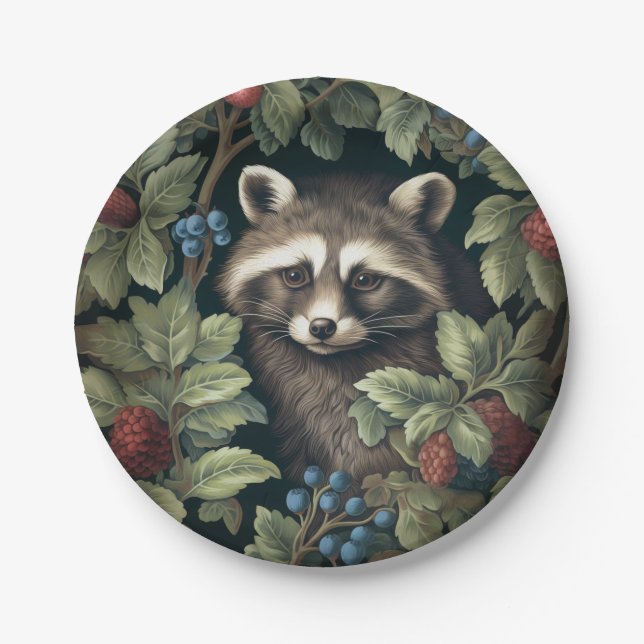 Raccoon and berries inspired by William Morris Paper Plate (Front)