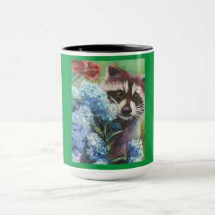 Raccoon and Blue Hydrangeas MUG