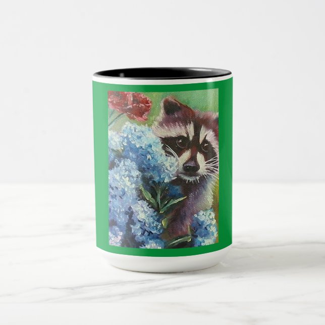Raccoon and Blue Hydrangeas MUG (Center)