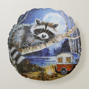 Raccoon and Camper Round Throw Pillow