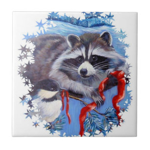 Raccoon and Chickadee Winter ceramic tile