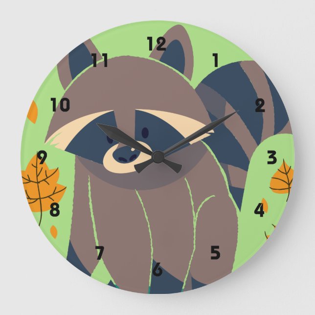Raccoon and Fall Leaves Large Clock (Front)