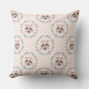 Raccoon and floral wreath. Watercolor pattern Throw Pillow