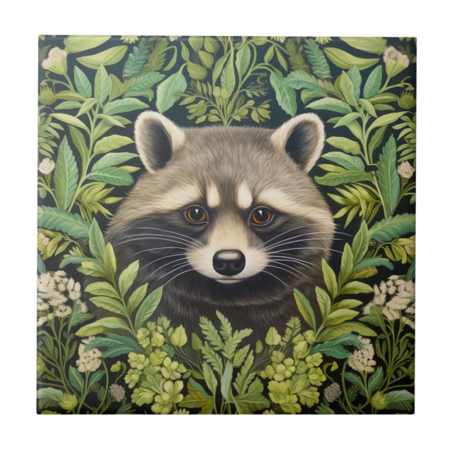 Raccoon and foliage art nouveau style tile (Front)