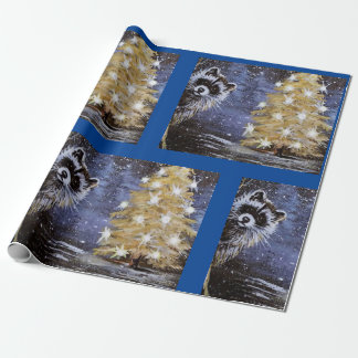 Raccoon and Golden Christmas Tree Wrapping Paper