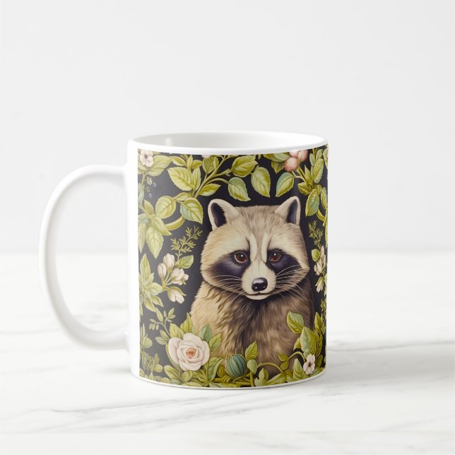 Raccoon and green leaves inspired William Morris Coffee Mug (Left)