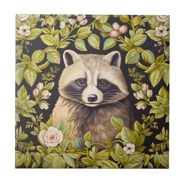 Raccoon and green leaves inspired William Morris Tile (Front)