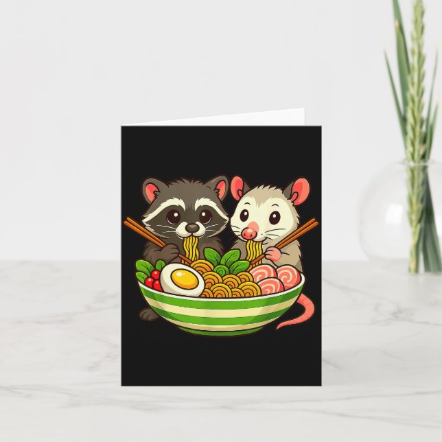 Raccoon And Ossum Eating Ramen Noodles  Card (Front)