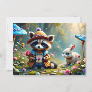 Raccoon and rabbit with greeting card