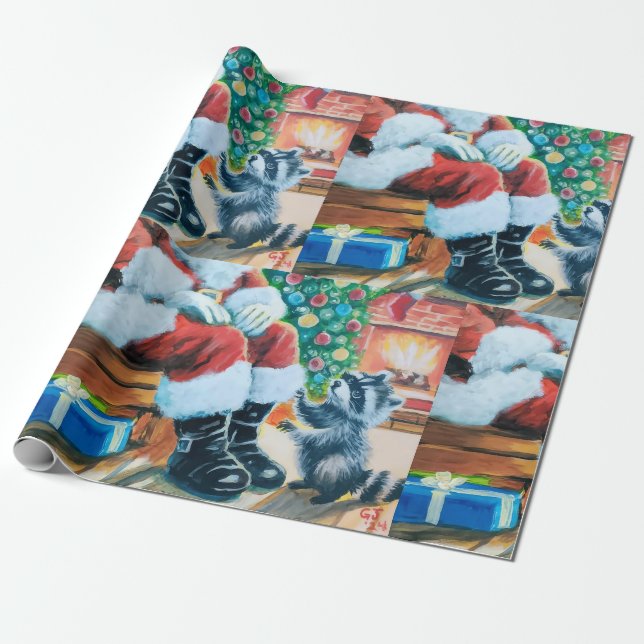 Raccoon and Santa Christmas wrapping paper (Unrolled)