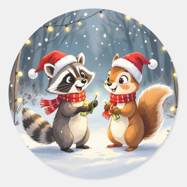Raccoon and Squirrel Hanging Christmas Lights  Classic Round Sticker (Front)