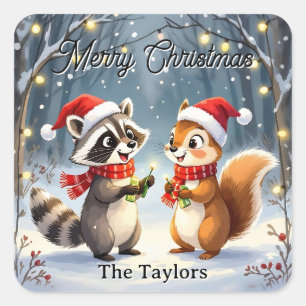 Raccoon and Squirrel Hanging Christmas Lights  Square Sticker