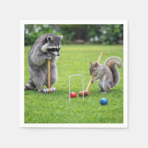 Raccoon and Squirrel Playing Croquet Napkin