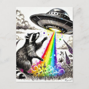Raccoon and the Rainbow UFO in a wildflower meadow Postcard