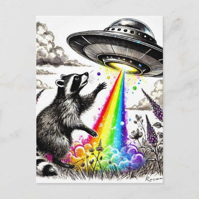 Raccoon and the Rainbow UFO in a wildflower meadow Postcard (Front)