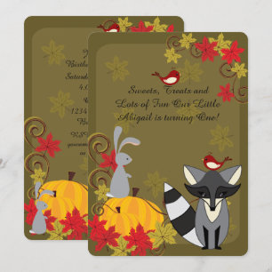 Raccoon and Woodland Animals Autumn 1st Birthday Invitation