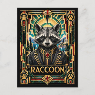 Raccoon, Art Deco Wildlife Postcard