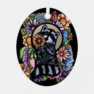 Raccoon Art Flower Raccoons Design with Sunflower  Metal Ornament