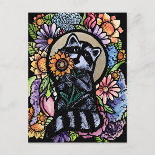 Raccoon Art Flower Raccoons Design with Sunflower  Postcard