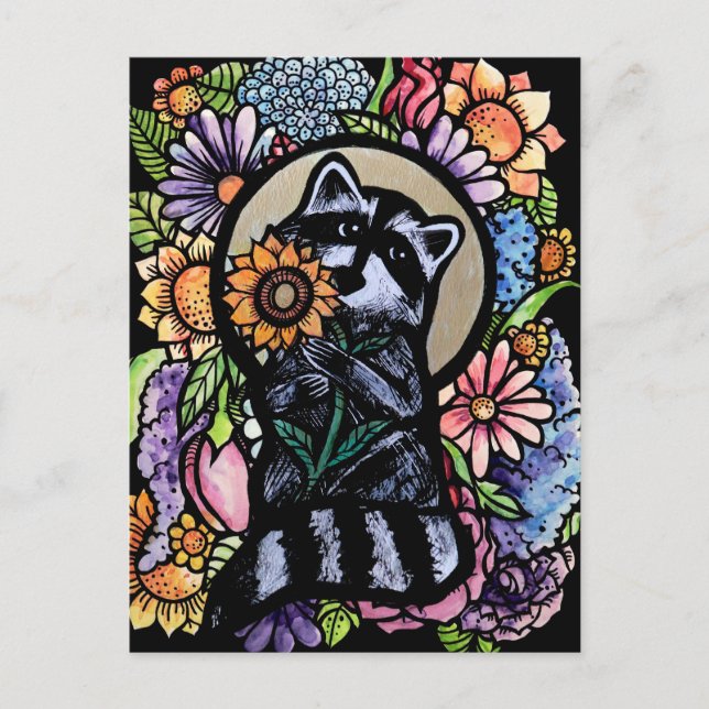 Raccoon Art Flower Raccoons Design with Sunflower  Postcard (Front)