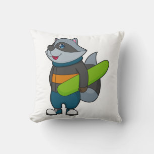 Raccoon as Snowboarder with Snowboard Throw Pillow
