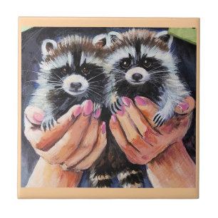 Raccoon Babies in Hands Tile