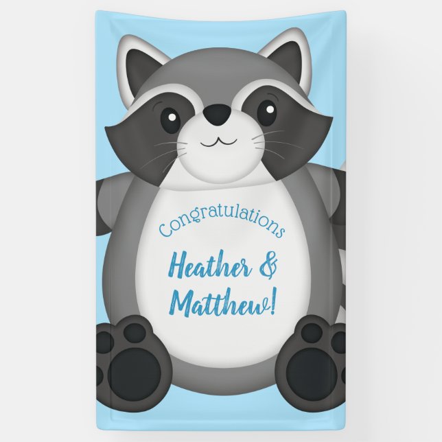 Raccoon Baby Shower Blue Banner (Vertical)