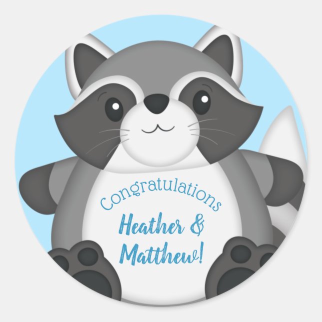 Raccoon Baby Shower Blue Classic Round Sticker (Front)