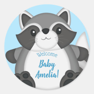 Raccoon Baby Shower Blue Classic Round Sticker
