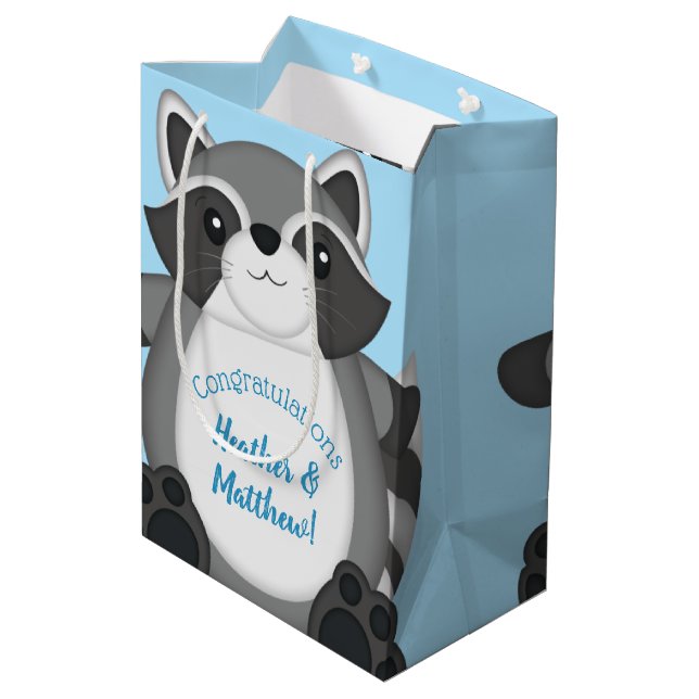 Raccoon Baby Shower Blue Medium Gift Bag (Back Angled)