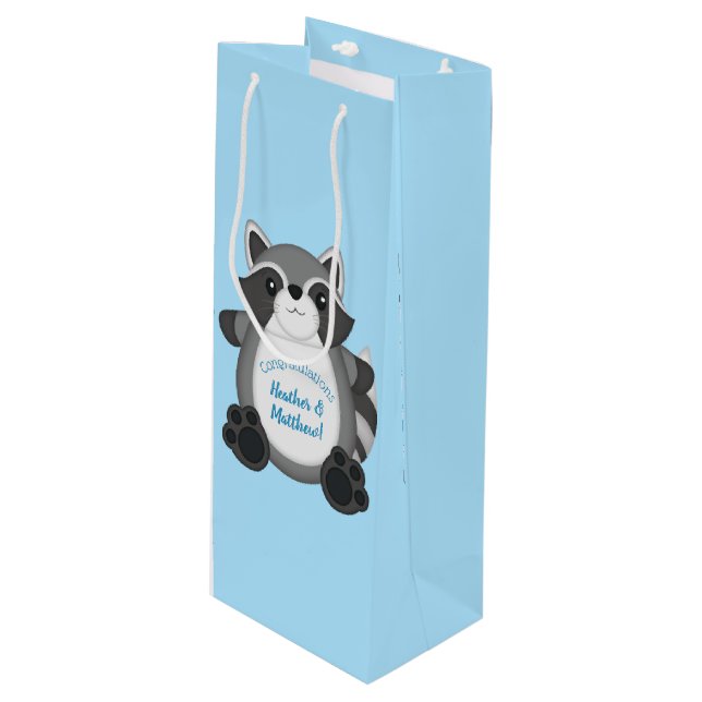 Raccoon Baby Shower Blue Wine Gift Bag (Front Angled)