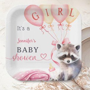 Raccoon Baby Shower Girl Pink Cute Paper Plate