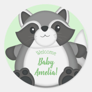 Raccoon Baby Shower Green Classic Round Sticker