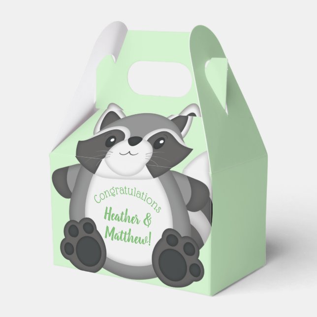 Raccoon Baby Shower Green Favor Box (Front Side)
