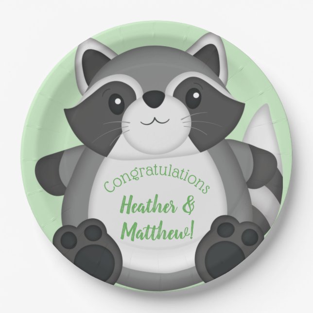 Raccoon Baby Shower Green Paper Plate (Front)