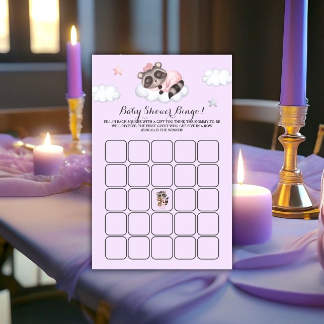 Raccoon Baby Shower Lavender Game Bingo (Gentle Raccoon Animal Girl Baby Shower Game Bingo)