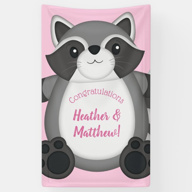 Raccoon Baby Shower Pink Banner (Vertical)