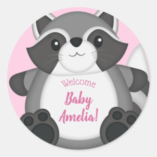 Raccoon Baby Shower Pink Classic Round Sticker
