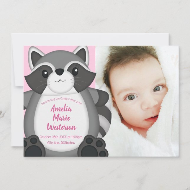 Raccoon Baby Shower Pink Invitation (Front)