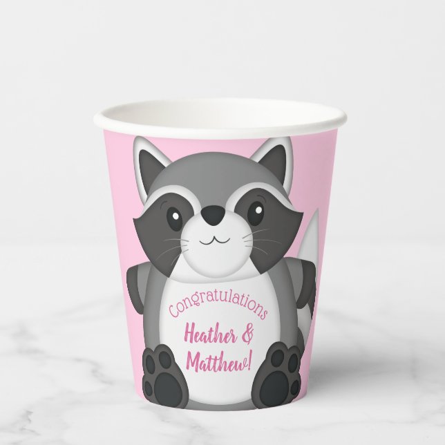 Raccoon Baby Shower Pink Paper Cups (Front)