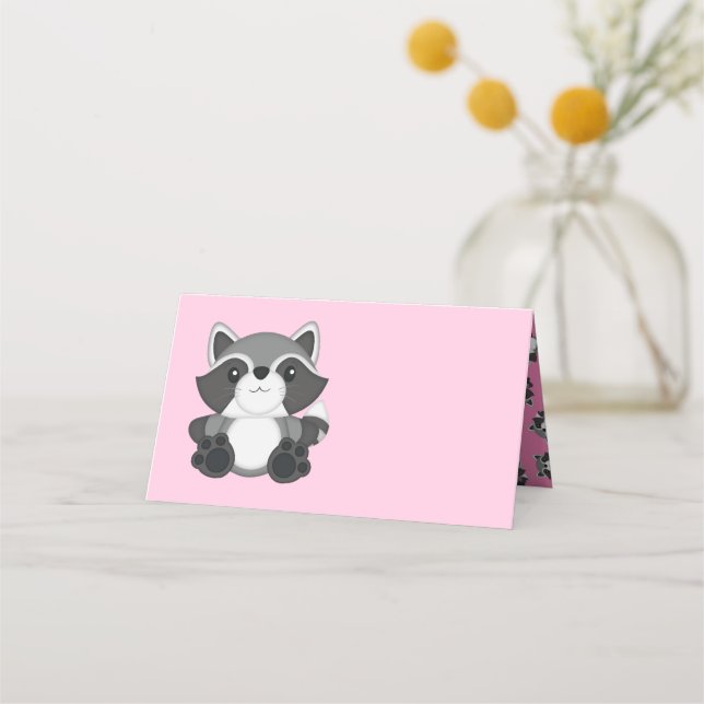 Raccoon Baby Shower Pink Place Card (Front)
