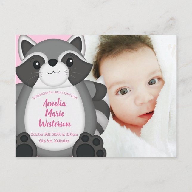 Raccoon Baby Shower Pink Postcard (Front)