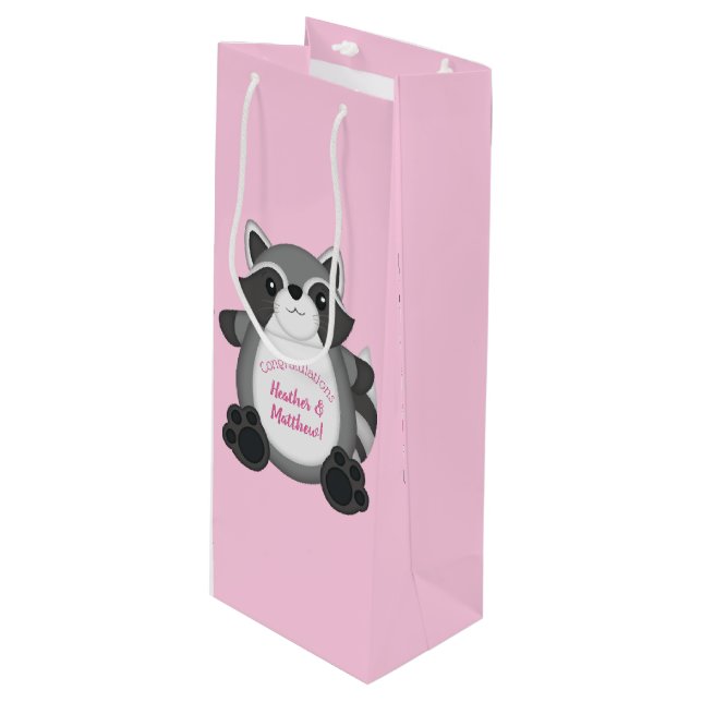 Raccoon Baby Shower Pink Wine Gift Bag (Front Angled)
