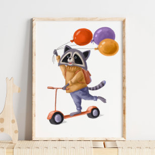 Raccoon Balloons Print   Raccoon Wall Print