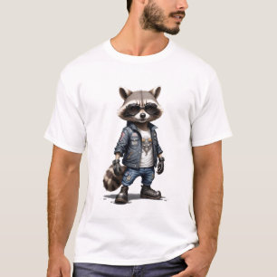 Raccoon Biker Rebel in Leather Jacket Cool Style T-Shirt