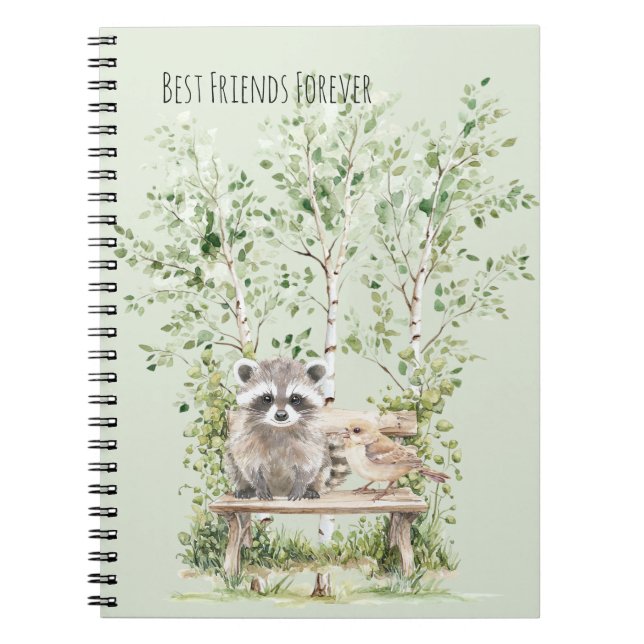 Raccoon Bird Bench Best Friends Forever Birch Tree Notebook (Front)