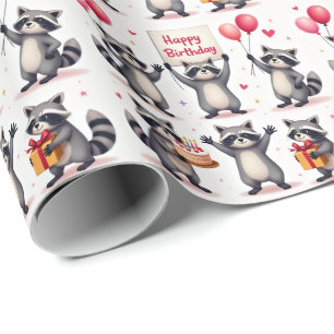 Raccoon Birthday Celebration Scene - Birthday Wrapping Paper