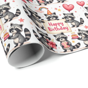 Raccoon Birthday Celebration Scene - Birthday Wrapping Paper
