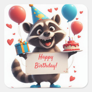 Raccoon Birthday Gift With Heart Balloons ❤️ Square Sticker