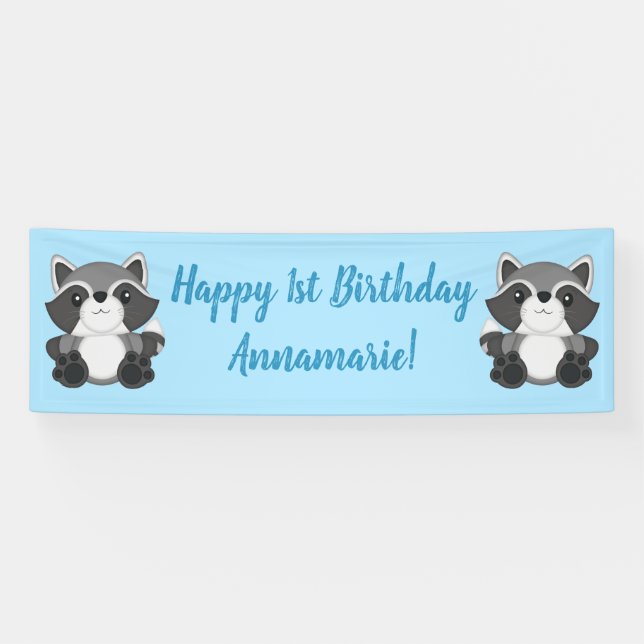 Raccoon Birthday Party Blue Banner (Horizontal)